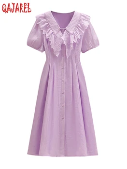 Женское Фиолетовое платье Миди с коротким рукавом и шикарным кукольным воротником с оборками, Летнее Зеленое Элегантное Повседневное домашнее платье 2023, Модное облегающее платье
