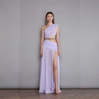 Новая фиолетово-лавандовая Длинная юбка Со скошенными плечами, Плиссированная юбка с разрезом, открывающая талию, Цепочка, Нерегулярная юбка в пол, Вечернее платье