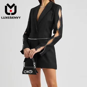 LUXE & ENVY Новая Мода Выдалбливают Дизайн Чувство Горный Хрусталь Рукава Жемчужный Пояс Тонкий Костюм Пальто Женщины 2023 Осень