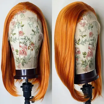 Имбирно-оранжевый синтетический парик на кружеве Короткий Прямой Боб Из термостойкого волокна, предварительно выщипанный по линии роста волос Для париков белых женщин
