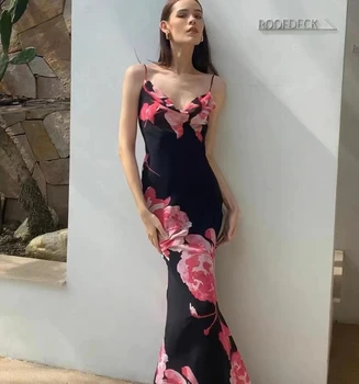 2023 Новое Женское Элегантное платье-слинг с V-образным вырезом и цветочным принтом без бретелек