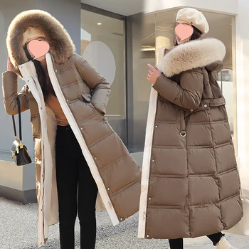 Женская куртка 2023, новинка зимы, хлопковая куртка корейской длины, свободное повседневное утолщенное пальто с капюшоном, теплые парки, зимнее пальто для женщин.