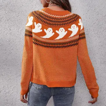 Пуловер с принтом, свитер, Уютный Свитер в стиле Хэллоуина, Вязаный пуловер с мультяшным принтом Призрака с длинным рукавом для женщин Осень/зима