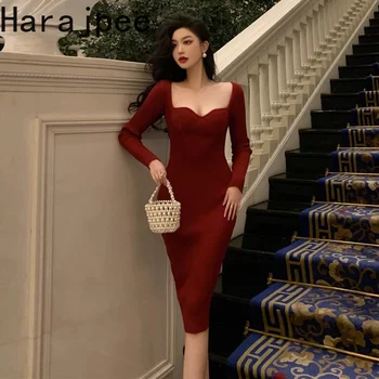 Вязаное женское платье Harajpee Корейской моды 2023, Длинное Осенне-зимнее вязаное Красное Новое Элегантное повседневное вечернее платье