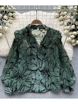 Женская осенняя рубашка, свободная рубашка с длинными рукавами и принтом в стиле ретро, облегающий дизайн, высококачественный нишевый топ D4873