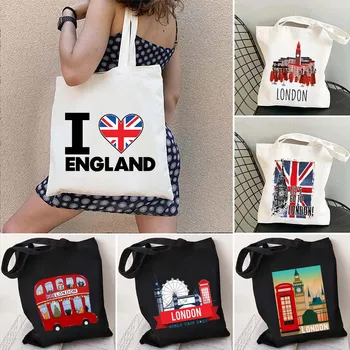 Биг Бен, Карта флага Англии, Многоразовая сумка для покупок, британский стиль, пейзаж Лондонского автобуса, женская сумка через плечо