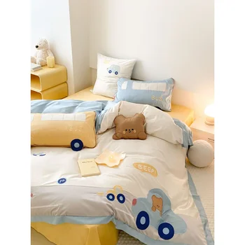 весенне-осеннее хлопковое постельное белье с мультяшной вышивкой, комплект из четырех предметов, Милое хлопковое одеяло для детской комнаты из трех предметов, постельное белье