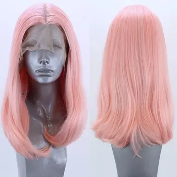 Короткий боб, персиково-розовый парик из синтетических волос на кружеве, бесклеевой прямой парик на кружеве, термостойкое волокно для ежедневного использования женщинами