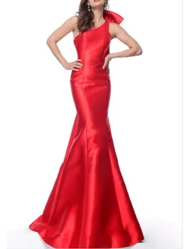 Женские длинные красные платья русалки для выпускного вечера с бантом на одно плечо, вечерние платья с атласным шлейфом, вечерние платья для вечеринок