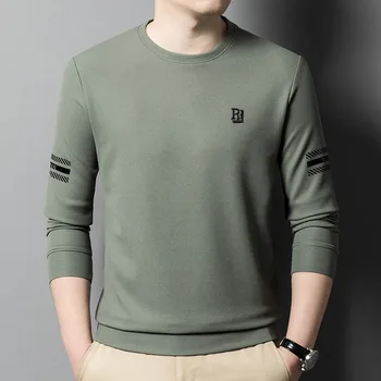 Новая мужская футболка с длинным рукавом, весна-осень, Свободный дышащий Универсальный пуловер с круглым вырезом, повседневные топы в полоску с деловыми буквами
