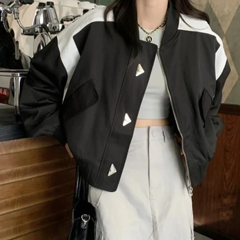 Женские винтажные укороченные куртки Harajuku, Корейские модные бейсбольные пальто, повседневные шикарные куртки в стиле оверсайз, модная уличная одежда Mujer