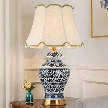 Настольная лампа из современной керамики TEMAR, китайская настольная лампа из синего и белого фарфора со светодиодной подсветкой для дома, гостиной, спальни