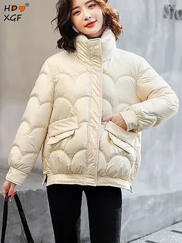 Корейская мода Воротник-стойка, карман на молнии, Короткое пальто, Винтажный утолщенный Ветрозащитный пуховик для женщин, большие размеры, Повседневные парки